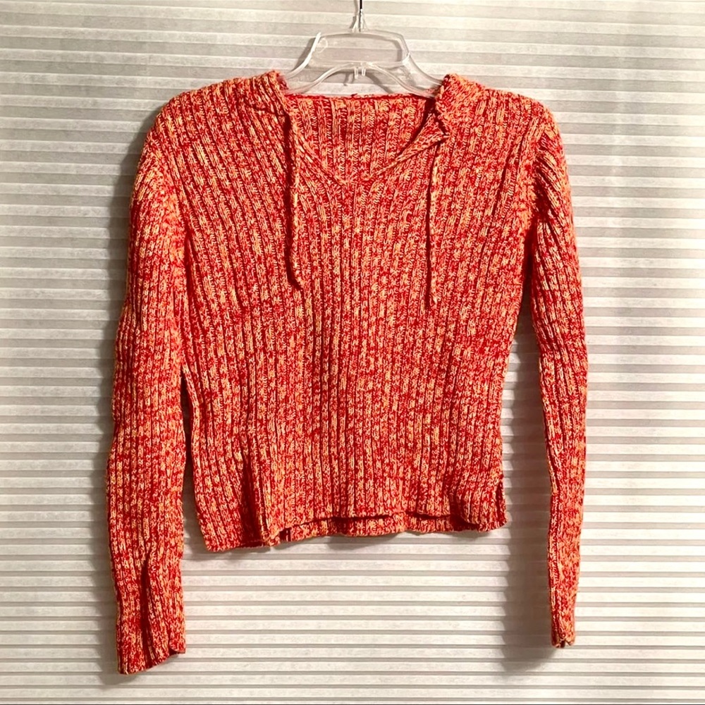 Orange & Red Hoodie Hooded Short Sweater V-neck Ties Size Small